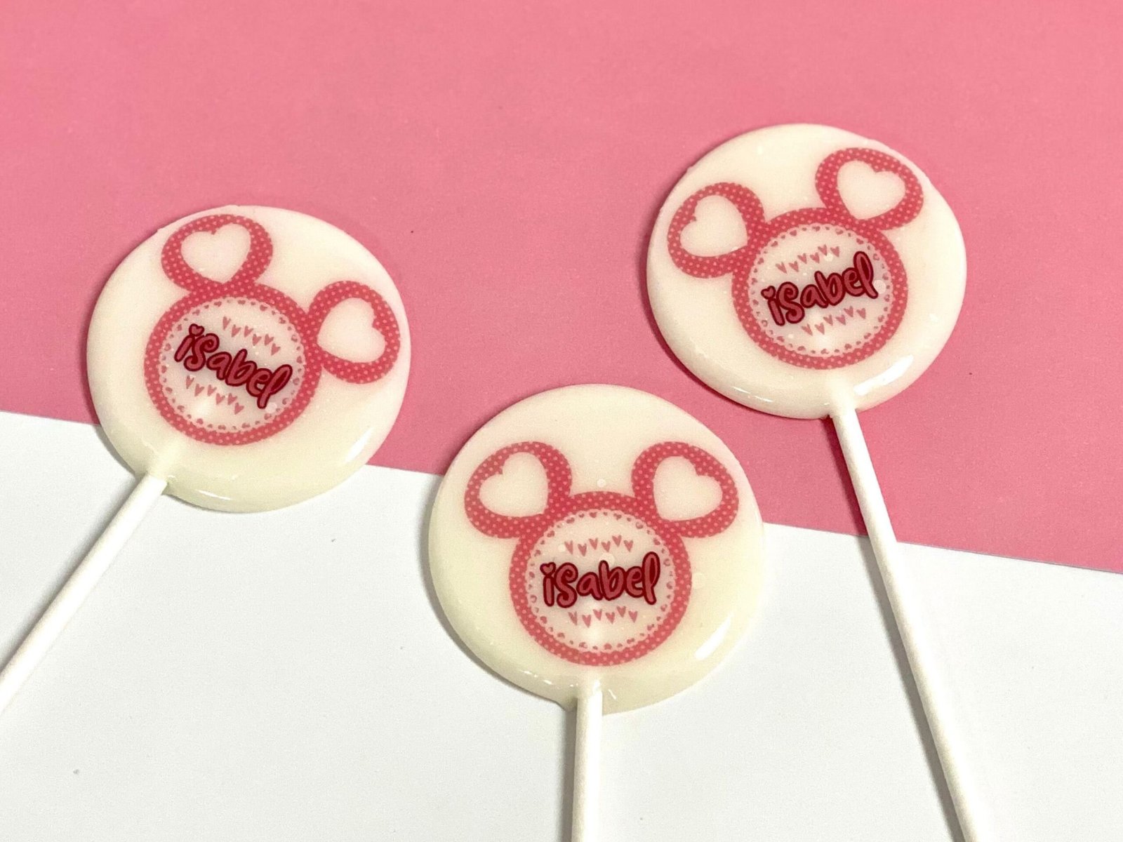 Minnie silueta piruletas rosa caramelo duro hecho a mano personalizado sin azúcar