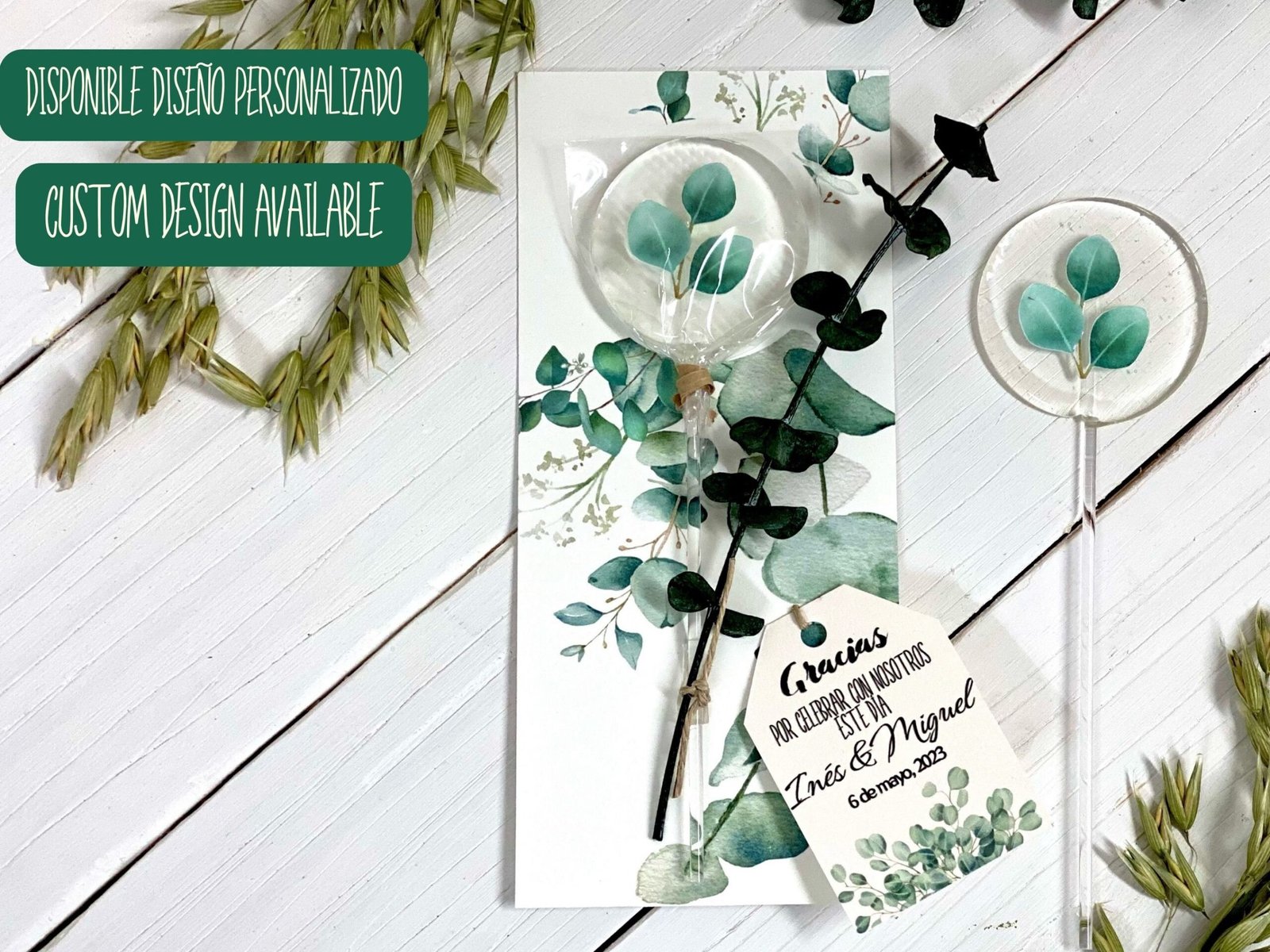 Recuerdos de boda Piruletas de hojas de eucalipto hechas a mano y personalizadas. Caramelos duros