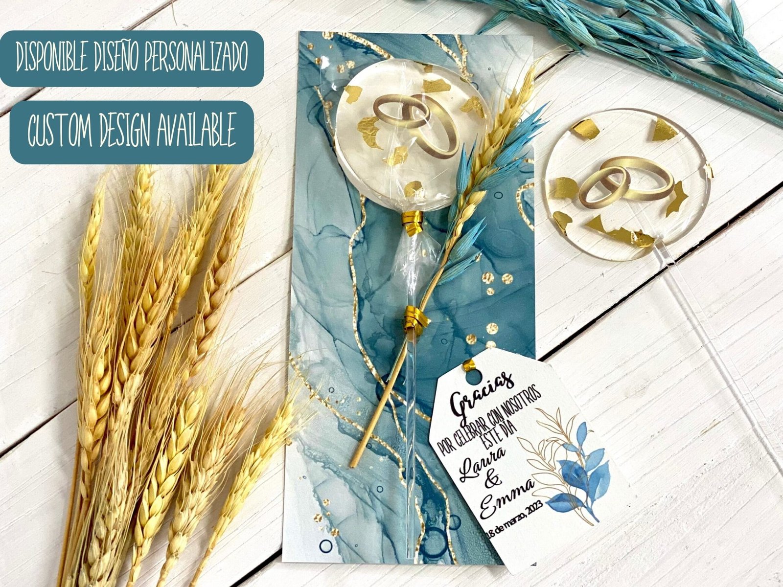 Recuerdos de boda Piruletas personalizadas hechas a mano para anillos de boda. Caramelo duro