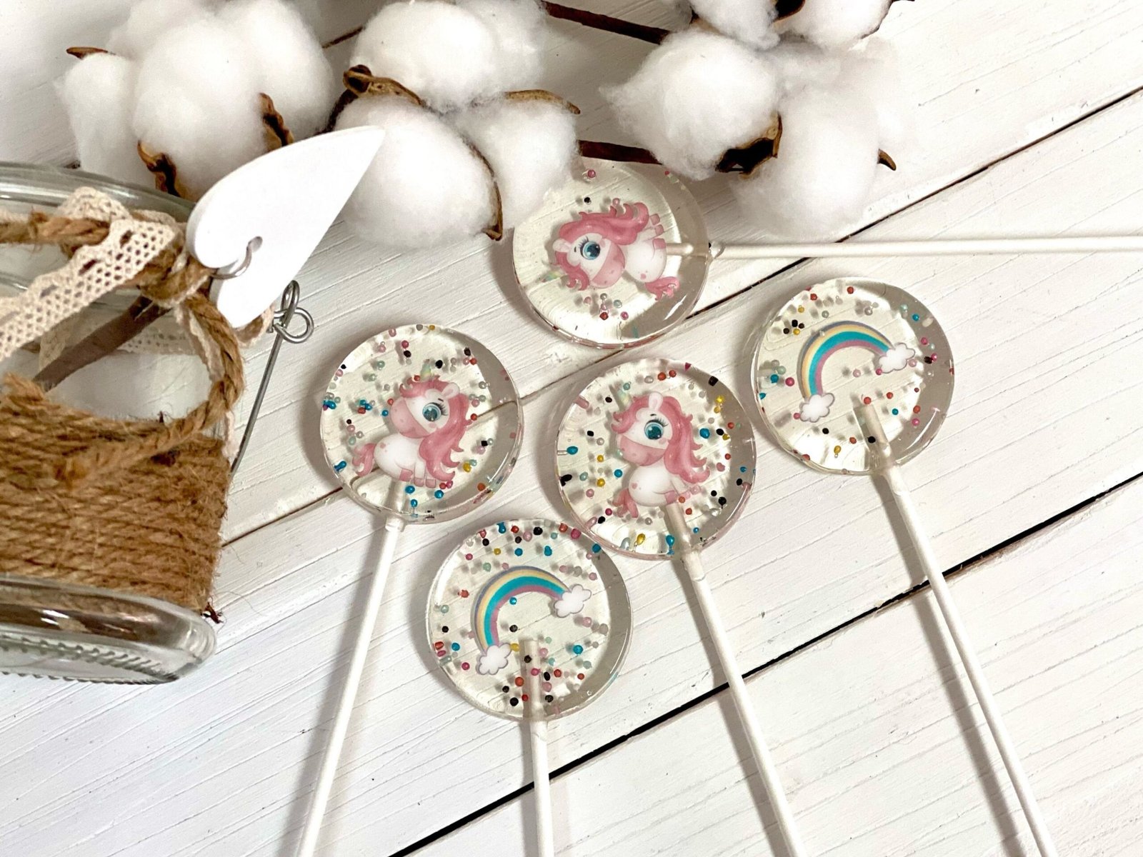 Piruletas personalizadas de unicornio y arcoíris, caramelos duros hechos a mano