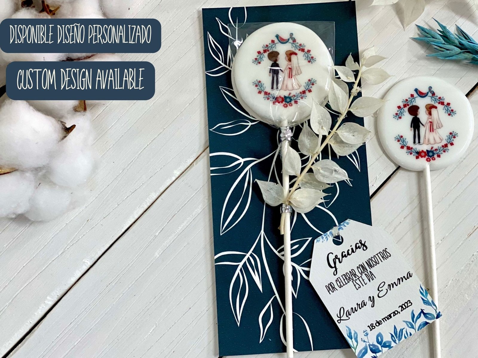 Recuerdos de boda Piruletas simples hechas a mano con ilustración de boda. Caramelo duro