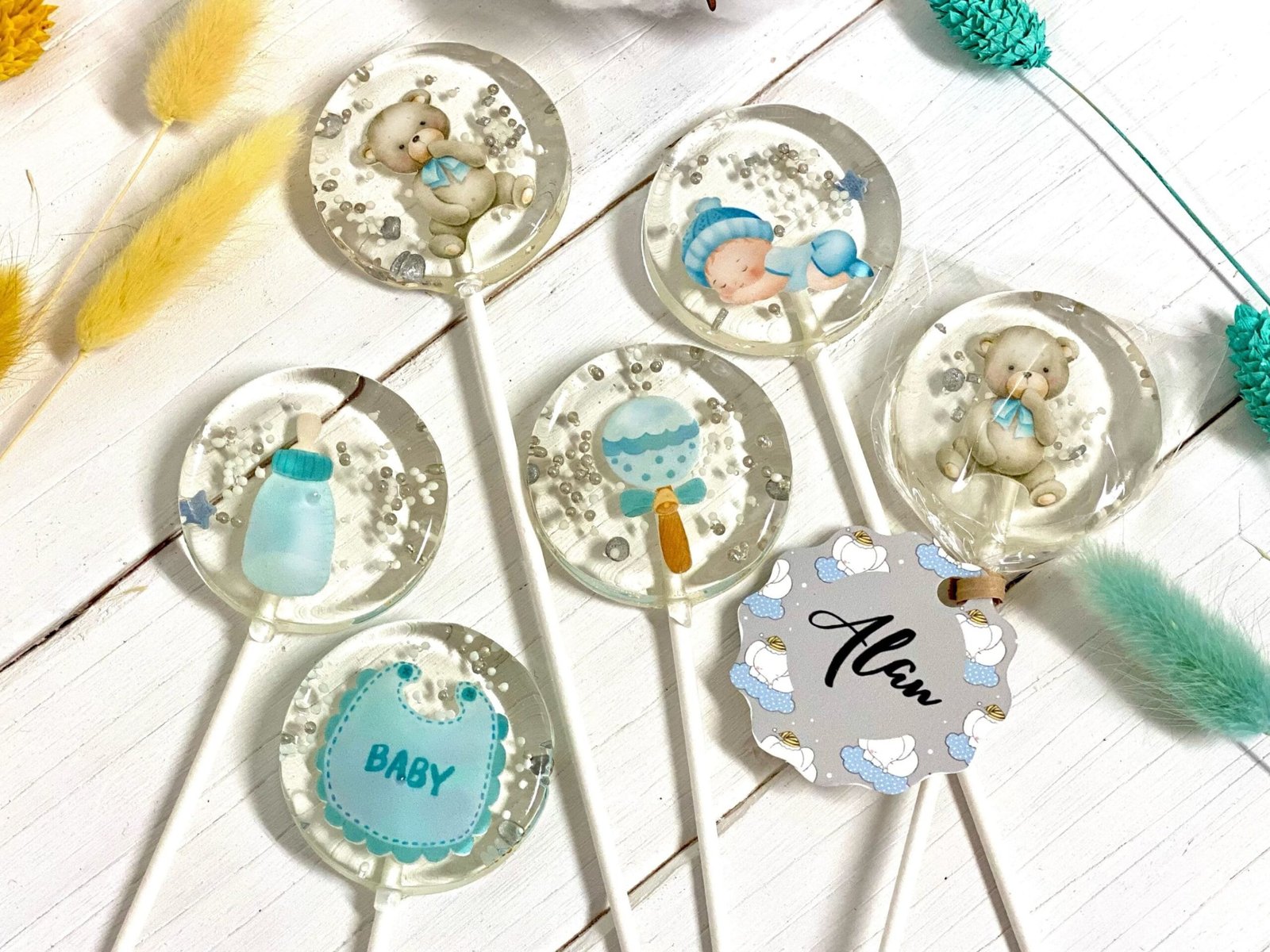 Mezcla de piruletas para baby shower de caramelo duro azul hecho a mano