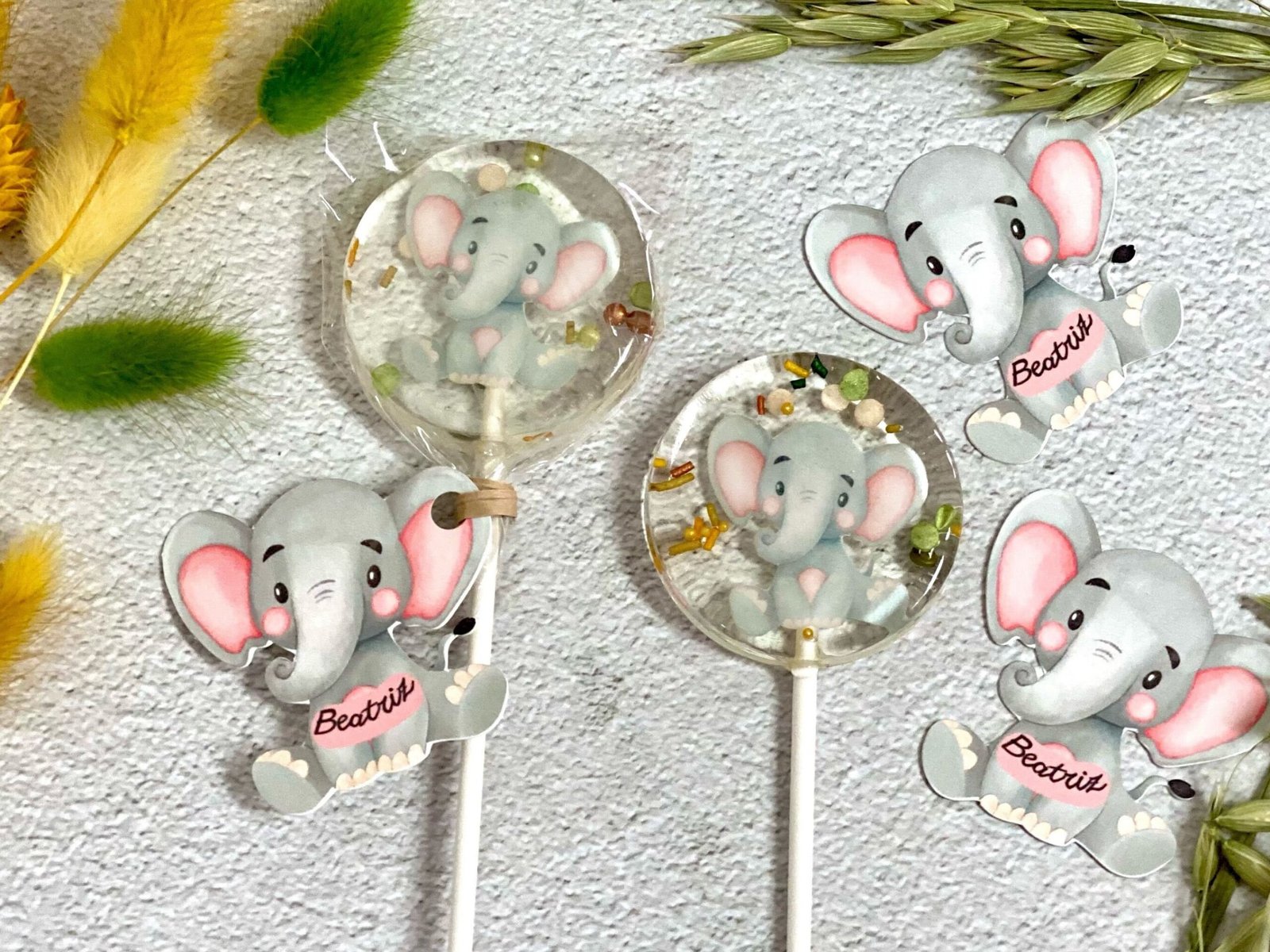 Piruletas para baby shower de elefante vinetiquetae, caramelo duro hecho a mano