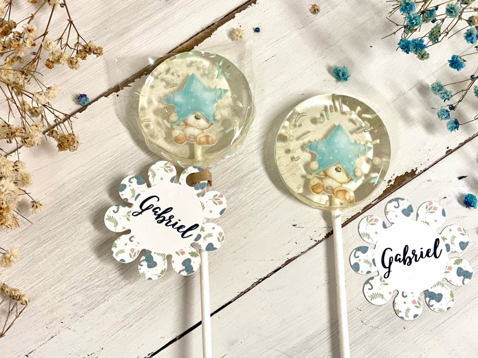 Baby shower piruletas osito de peluche estrella azul caramelo duro hecho a mano