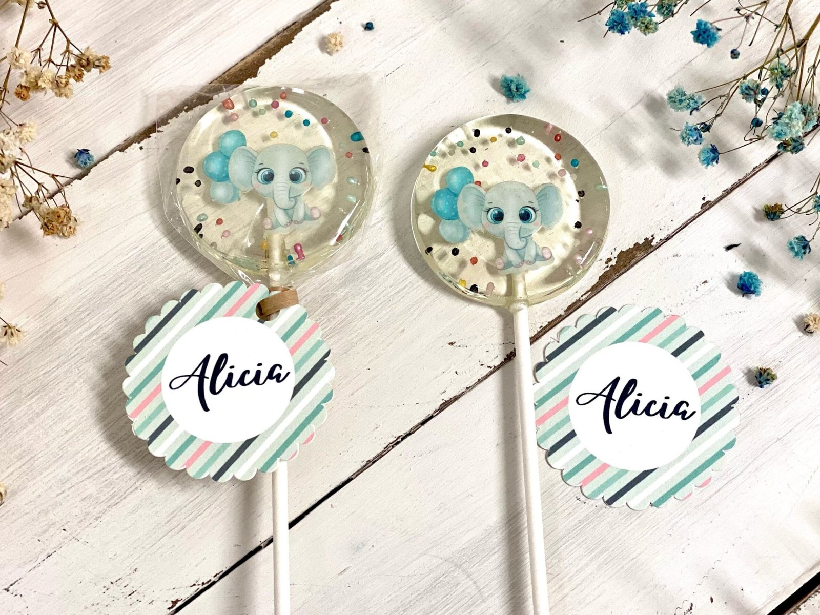 Piruletas de baby shower elefante azul caramelo duro hecho a mano