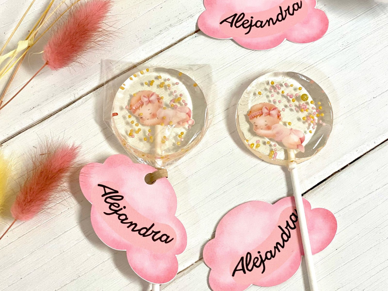 Piruletas de recuerdo para baby shower, caramelos duros hechos a mano de color rosa