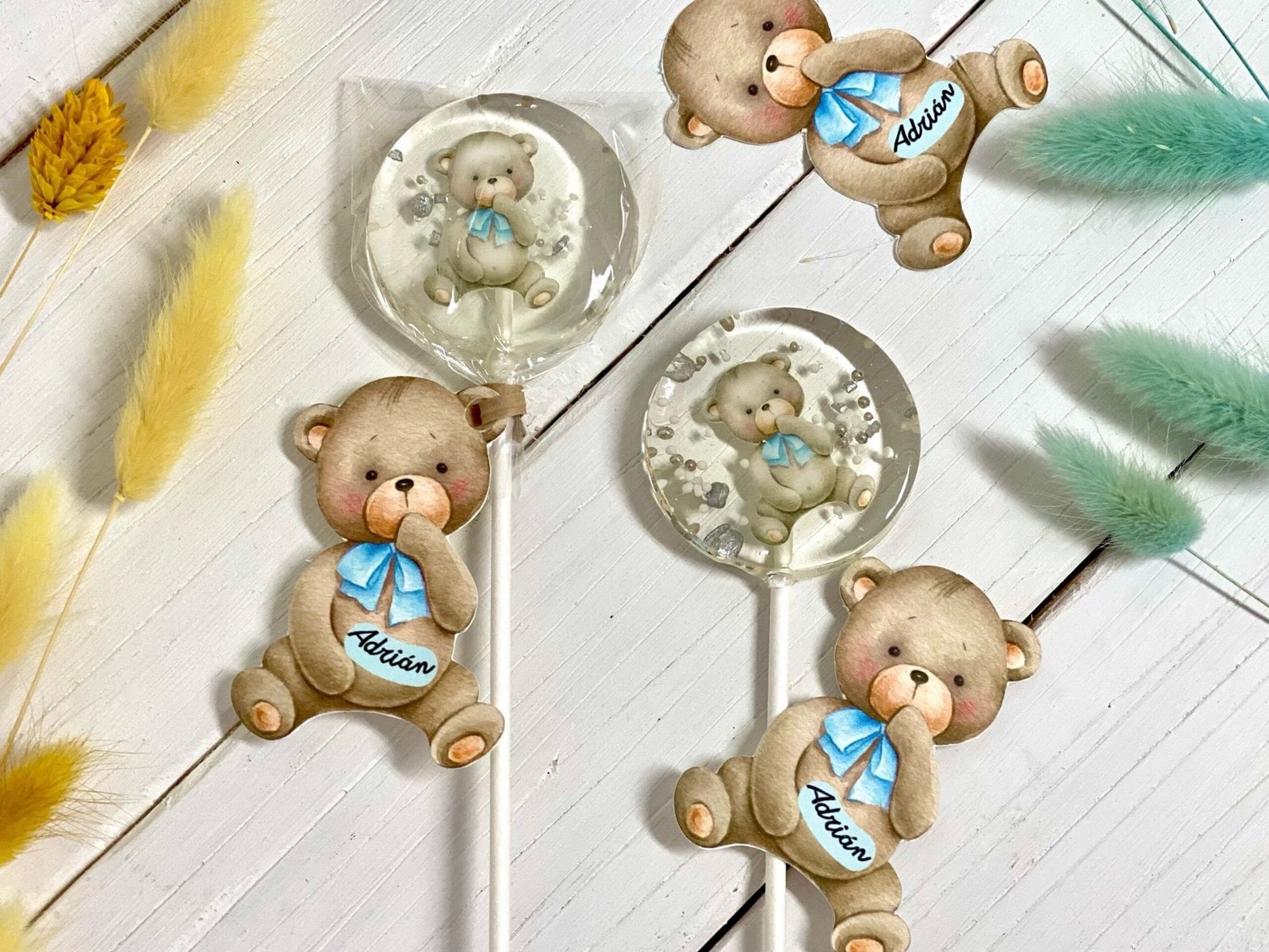 Baby shower piruletas osito de peluche azul caramelo duro hecho a mano