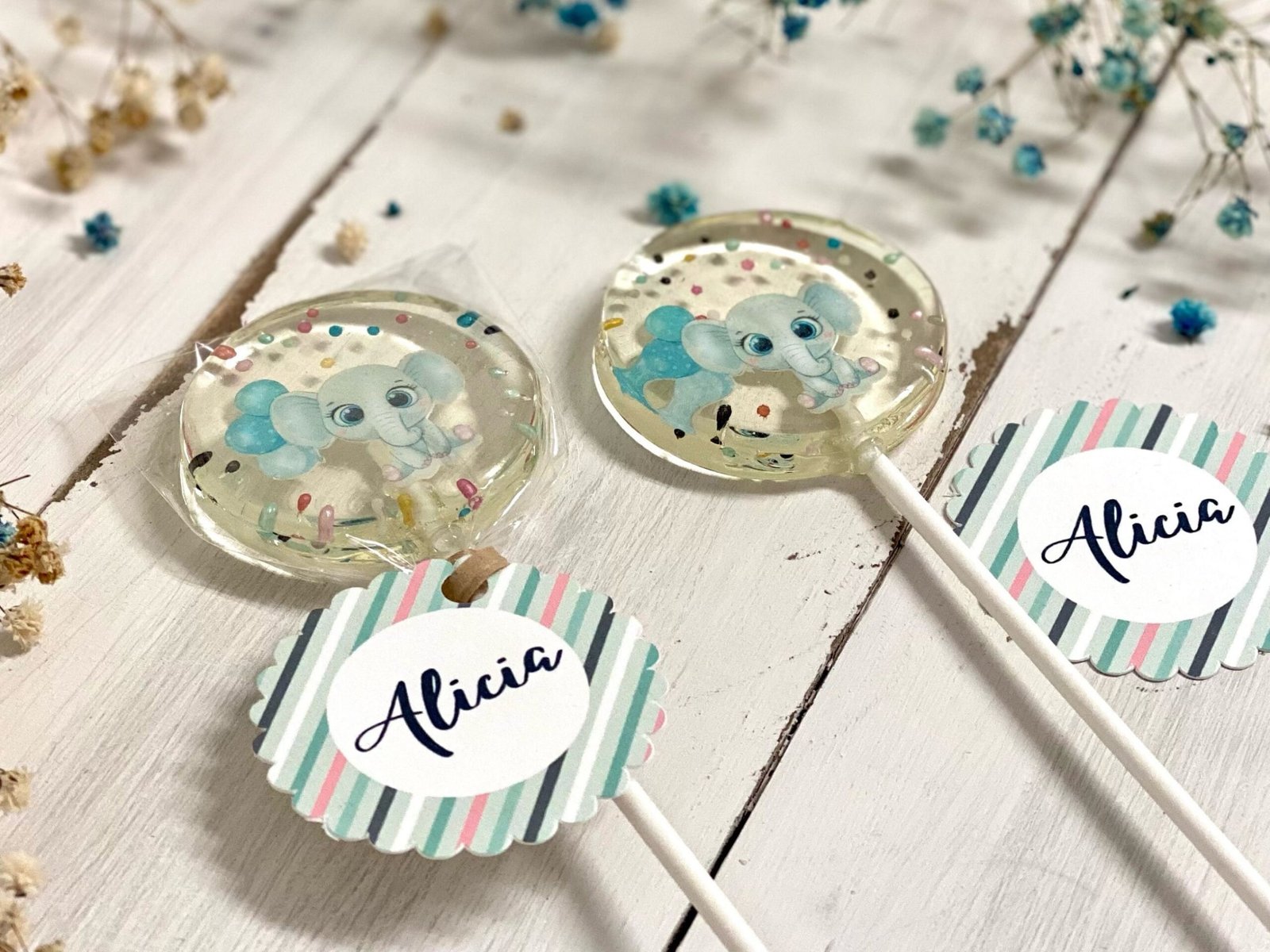 Piruletas de baby shower elefante azul caramelo duro hecho a mano - Imagen 2