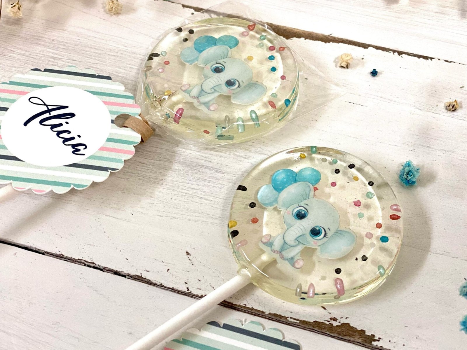 Piruletas de baby shower elefante azul caramelo duro hecho a mano - Imagen 3