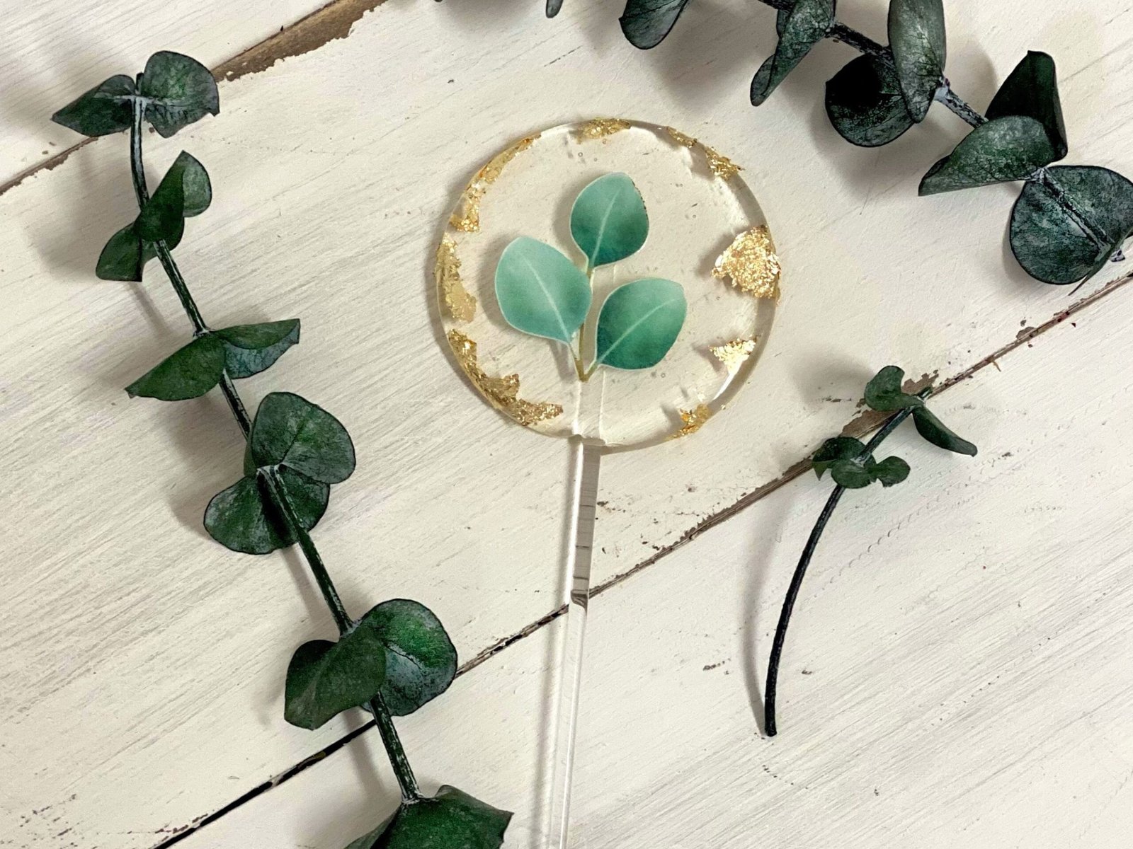 Piruletas de hojas de eucalipto hecho a mano, caramelo duro