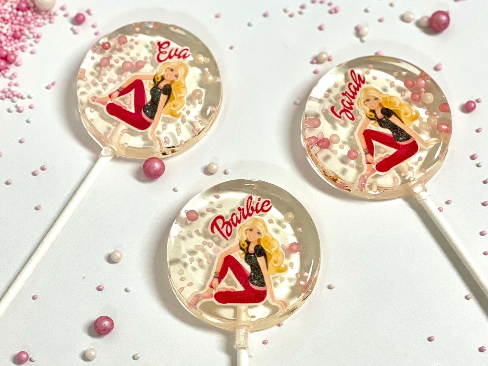 Piruletas con nombre personalizadas de Barbie hechas a mano sin azúcar