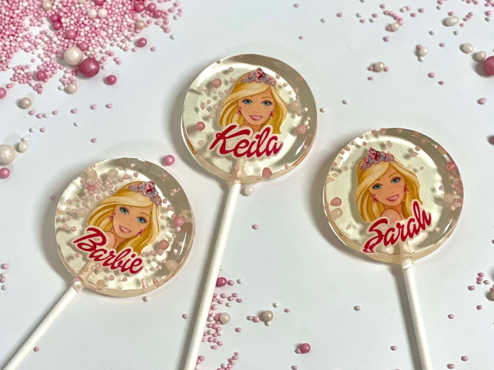 Piruletas con nombre personalizado de cara de Barbie hechas a mano sin azúcar