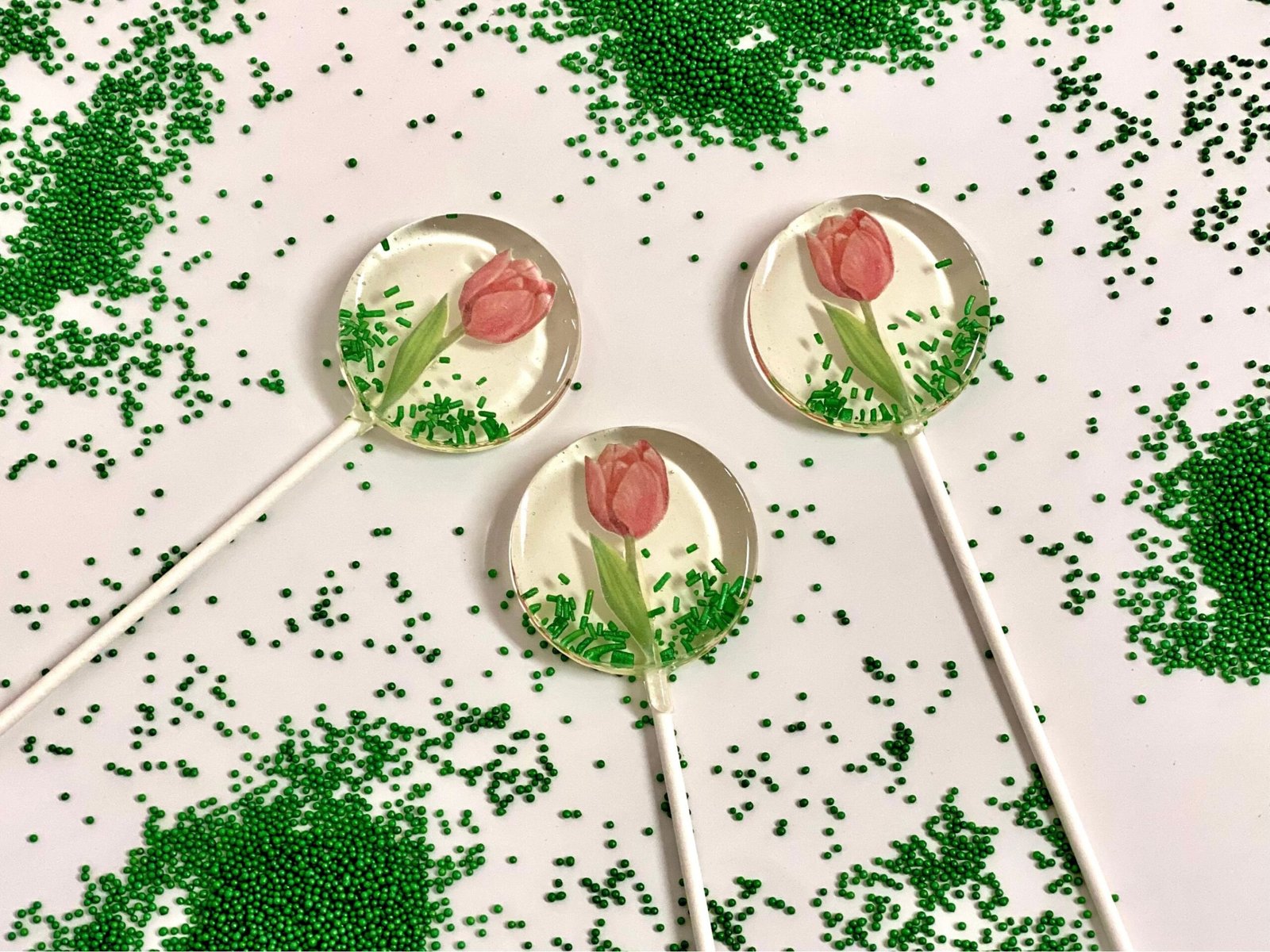 Piruletas de tulipán rosa, caramelo duro hecho a mano sin azúcar