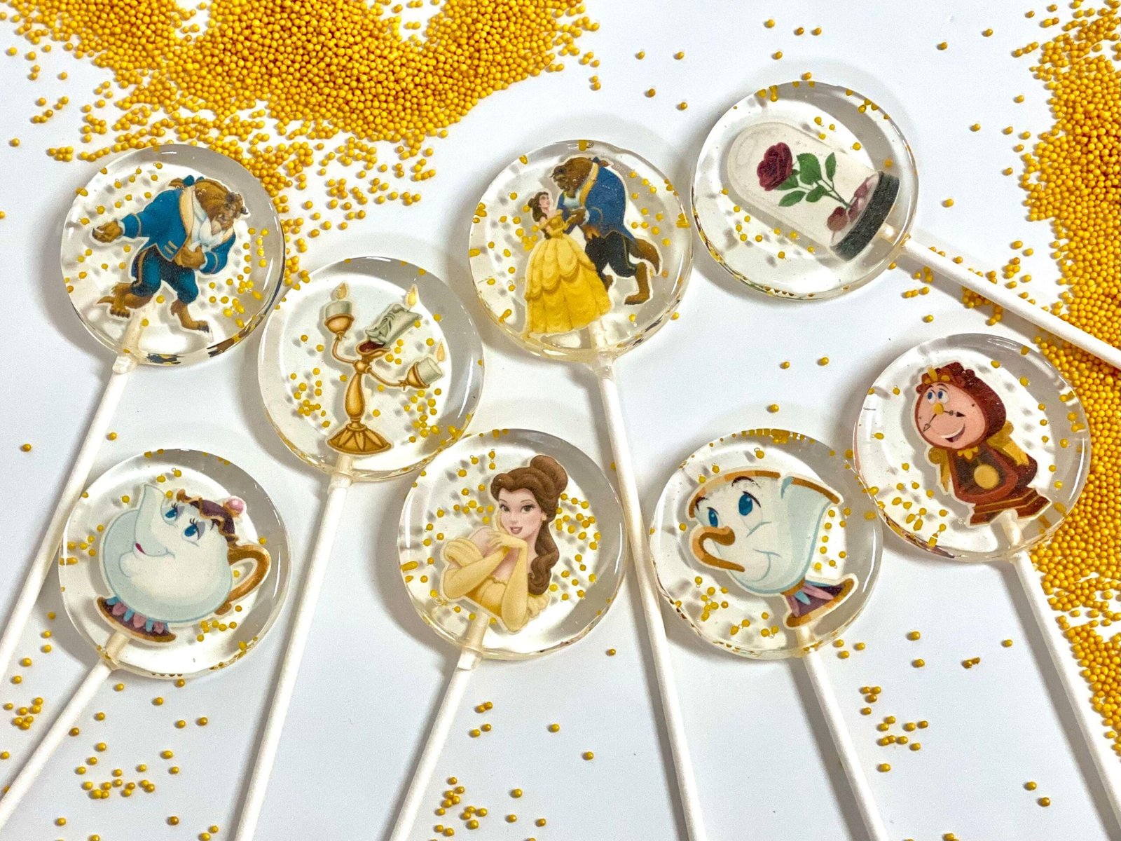 Piruletas de La Bella y la Bestia, caramelos duros hechos a mano sin azúcar