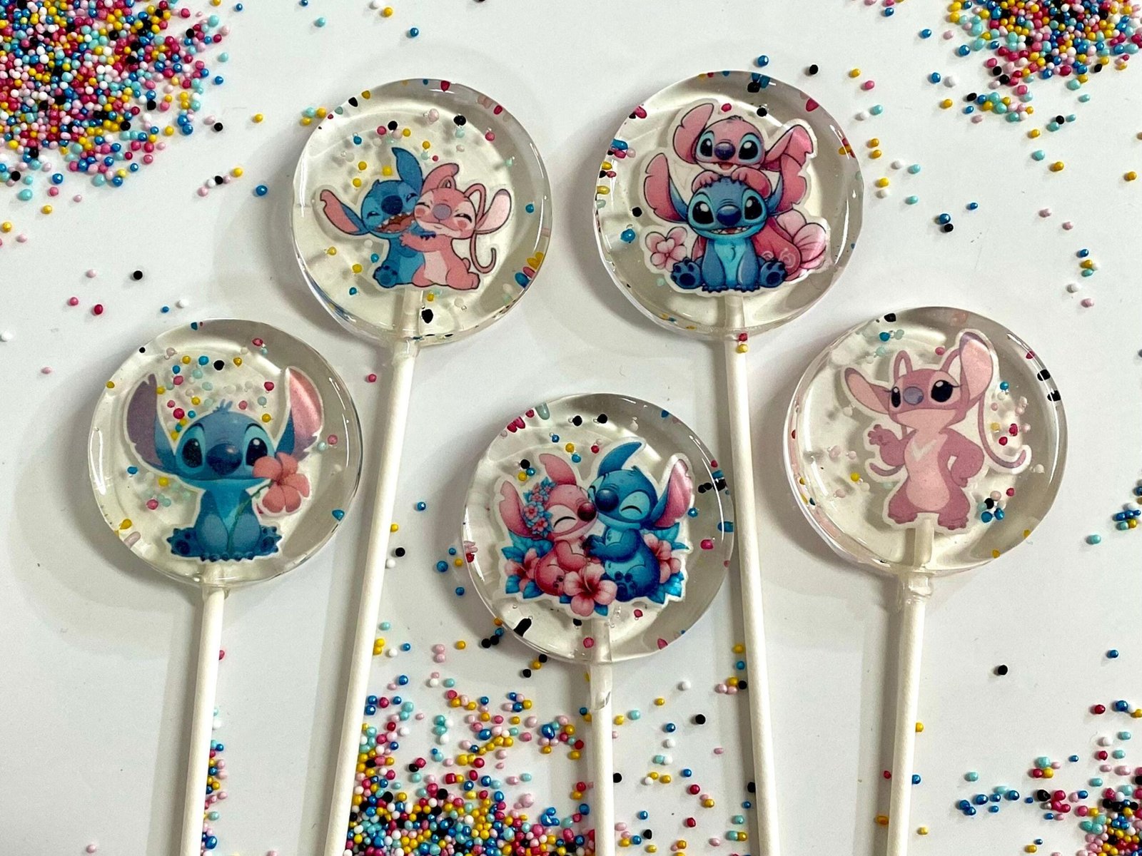 Piruletas Stitch & Angel hechas a mano sin azúcar